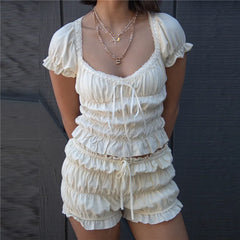 Ruched Short-Sleeve Tops And Bloomer Shorts Set