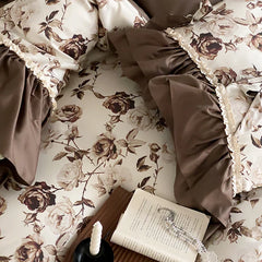 1000TC Egyptian Cotton Brown French Vintage Flowers Printing Bedding Set Duvet Cover Set Flat/Fitted Bed Sheet Pillowcases 4Pcs