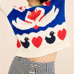 Swan Love Heart Pattern Ribbed Crew Neck Sweater