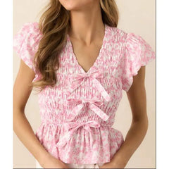 Pleated Smocked 3D Bow Babydoll Crop Top