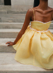 Yellow Plaid Puff Babydoll Mini Dress