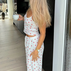Strawberry Printed Tank Top And Straight Leg Pants Pajamas Two Piece Set