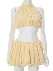 Yellow Puff Halter Crop Top And Mini Skirt Set
