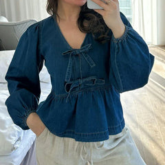 Denim Bowknot Peplum Blouse Top