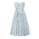 Blue Floral Corset Strapless Midi Dress
