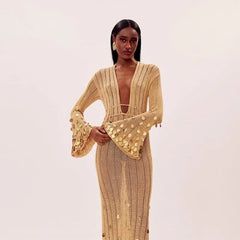 Beige Deep Neck Sequin Knitted Maxi Dress