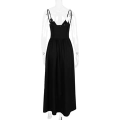 Black Buttoned V-Neck Spaghetti Strap Maxi Dress