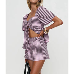 Purple Striped Print Short Sleeve Front Tied Tops And Shorts Set