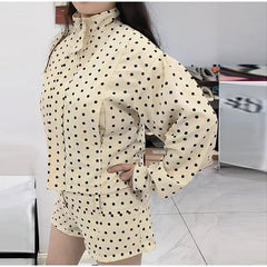 White Polka Dot Zipper Jacket And Shorts Set