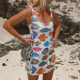 Sequin Square Collar Fish Print Mini Dress