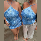 Blue Sequin Halter Tank Top Mini Skirt Sets
