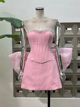 Diamond Strapless Large Bow Corset Top And Mini Skirt Set