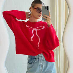 Bow Tie Jacquard O-Neck Sweater