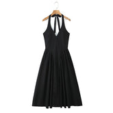 Halter Pleated Deep Neck Midi Dress
