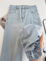 Eyelet Embroidered Wide Leg Denim Pants