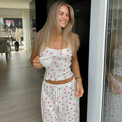 Strawberry Printed Tank Top And Straight Leg Pants Pajamas Two Piece Set