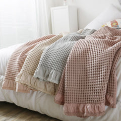 100% Cotton Soft Bed Plaid Home Japenese Knitted Blanket Corn Grain Waffle Embossed Summer Ruffles Warm Plaid Throw Bedspread