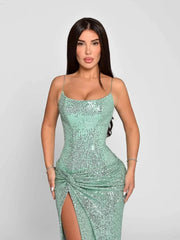 Sequin Spaghetti Strap High Split Long Dress