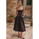 Brown Buttoned Strap Midi Dress