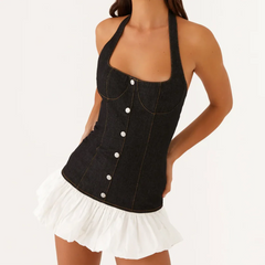 Black Denim Pleated Halter Mini Dress