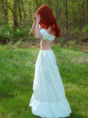 White 3d Flowers Puff Sleeves And Maxi Skirt Set