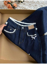 Lace Bow Patchwork Wide Leg Jeans