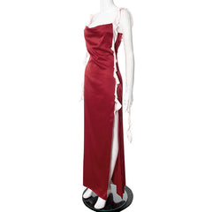 Frill Strap Satin Midi Dress