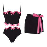 Black Bodycon Pink 3d Bow Bodysuit And Skirt Set