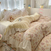 Bedding Set Korean Style New Small Floral Water Washed Cotton Lace Duvet Cover Set Queen Size