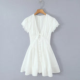 White Bow Deep V Neck Short Sleeve Mini Dress