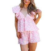 Pink Floral Print Short Puff Sleeve V-Neck Babydoll Top And Wide Leg Shorts Set