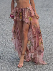 Floral Print Chiffon Ruffled Mini Draped Skirt