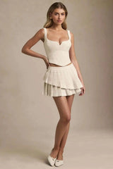 Solid Back Lace Up Crop Top And Pleated Frill Mini Skirt Set