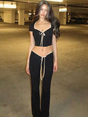 Black Ribbon Tie-Up Top And Pants Two Piece Set