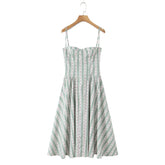 Green Striped Floral Print Corset Style Midi Dress - Sweet Fit & Flare