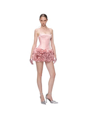 Pink Satin Corset And Frill 3d Flower Mini Dress