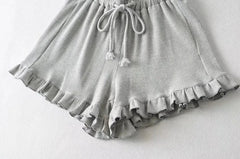 Ribbed Ruffle Trim Drawstring Waffle Shorts
