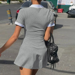 Knit Buttoned Collar Short Sleeve Mini Dress