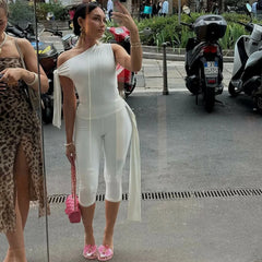 White One Shoulder Tie Up Top And Knee Length Pant Set