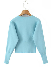 Two Piece O Neck Lantern Sleeve Cardigan And Shorts Set