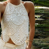 Halter Sequin Tank Backless Tie Up Top