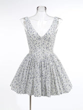 White Deep V-neck Blue Floral Print Mini Dress