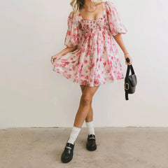 Floral Print Short Puff Sleeve Mesh Layered Babydoll Short Dress