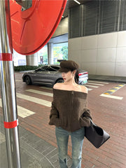 Off-Shoulder Zipper Knitted Jacket