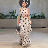 Sleeveless Polka Dot Crop Top And Multi-Layer Ruffles Skirt Set