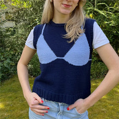 Ribbed 3D Bra Pattern Crew Neck Sleeveless Sweater