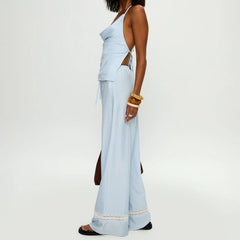 Blue Stripe Print Halter Cowl Neck Top And Pants Set