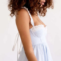 Blue Stripe Lace Trim Babydoll Mini Dress