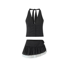 Black Polka Dot Halter Crop Top And Mini Skirt Set