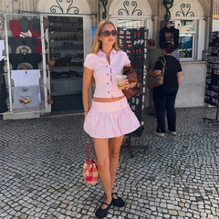 Polo Collar Short Sleeve Top And Mini Skirt Set